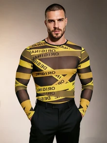 ZURIURI Sexy Streetwear Tight-Fitting Long Sleeve Letter Print Sheer T-Shirt Rave Club Black And Yellow Autumn - Multicolor - View 2