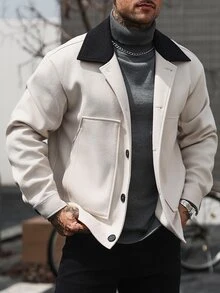 Manfinity Homme 男士時尚百搭鈕扣口袋長袖大衣 - 杏色 - 查看 1