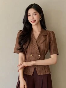 DAZY Women's Elegant Commute Striped Petal Sleeve Blouse - Coffee Brown - View 8