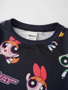 THE POWERPUFF GIRLS X SHEIN Tween Girl Crew Neck Long Sleeve Casual Sweatshirt - Black - View 3