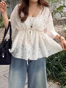REIGN AVE Plaid Collar Cinched Waist Puff Short Sleeve Cropped Shirt - Apricot - View 1