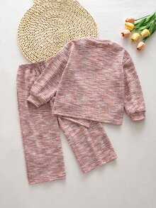 SHEIN Young Girl Space Dye Letter Patched Pullover Sweatshirt & Pants Set - Pink - View 2