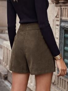 SHEIN LUNE Solid Corduroy Zip Back Ruched Side Skort Brunch Picnic Olive Green Summer Casual - Brown - View 2