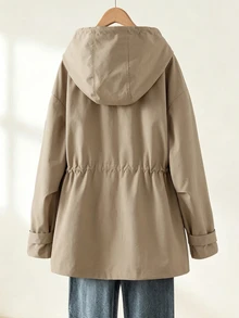 Linhara Plus Drop Shoulder Drawstring Hooded Trench Coat Without Tee Fall - Khaki - View 2