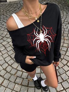 Muchica Spider Print Asymmetrical Neck Drop Shoulder Sweatshirt - Black - View 4
