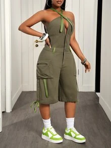 SHEIN Unity Plus 1pc Criss Cross Back Denim Overall Formal Beach Grey Summer Casual Traditional - Blue - View 4