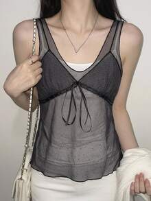 DAZY Solid Button Front Bustier 2 In 1 Cami Top - Dark Grey - View 4