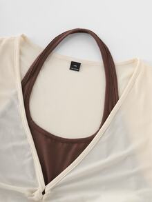 GlowEve CURVE Plus 1pc Colorblock 2 In 1 Tee & 1pc Plaid Print Skirt - Brown - View 5