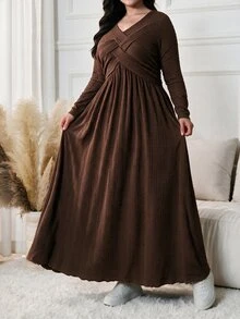 Lacomfia Plus Size V Neck Wrap Long Sleeve Dress, Textured Knit Brown A-Line Fall Dress, Casual Modest Dress For Daily Wear, Autumn Gathering - Brown - View 4