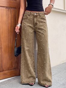 Comfortcana Jeans de pierna ancha con detalles de pedrería - Granate - Ver 4
