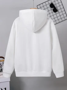 SHEIN 青少年男孩休閒極簡刺繡字母圖案抓絨拉鍊連帽衛衣 - 白色 - 查看 6
