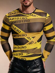 ZURIURI Sexy Streetwear Tight-Fitting Long Sleeve Letter Print Sheer T-Shirt Rave Club Black And Yellow Autumn - Multicolor - View 4
