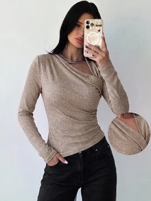 Firerie Women's Fashion Asymmetric T-Shirt, Autumn - Mocha Brown - View 5