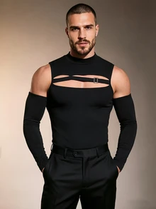ZURIURI Men's Fashion Casual T-Shirt With Sleeve Covers - Black - View 3