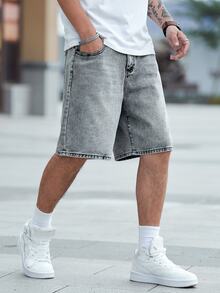 QuarKem Men Slant Pocket Washed Denim Shorts - Light Grey - View 3