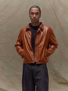 Musero Boxy Fit Leather Long Sleeve Cropped Hidden Placket Leather Jacket  Spring&Summer - Rust Brown - View 4
