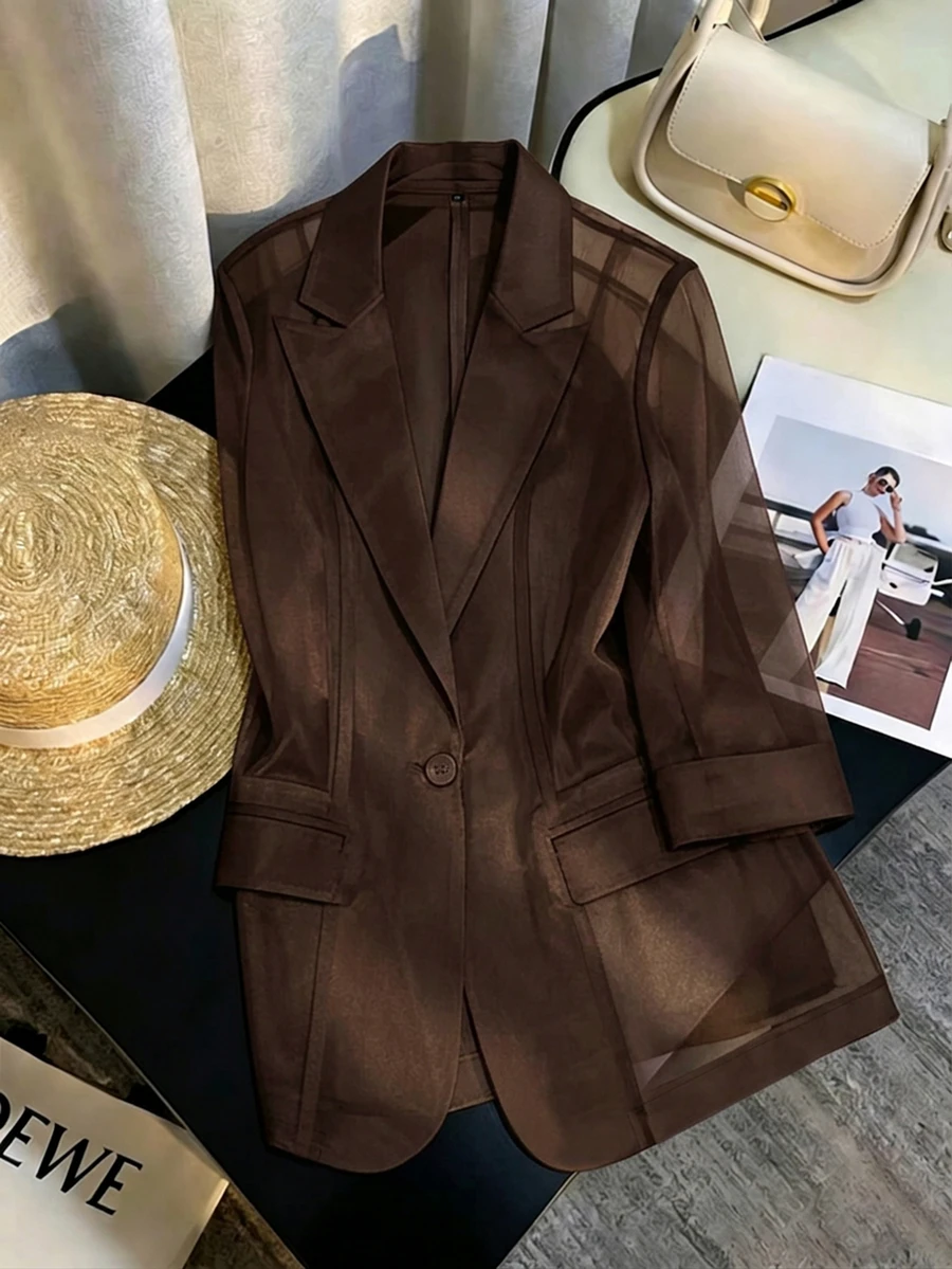 GlowEve Solid Single Button Lapel Collar Flap Detail Sheer Lightweight Blazer - Coffee Brown - View 1