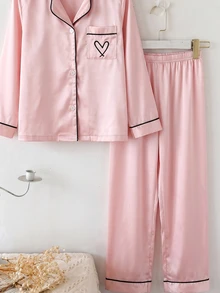 SHEIN 女童愛心印花對比滾邊緞面睡衣套裝 - 彩色 - 查看 7