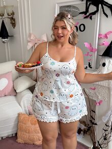 Slumberry CURVE Plus Size Halloween Cartoon Graphic Lettuce Trim Cami Top & Shorts Pajama Set - Multicolor - View 4