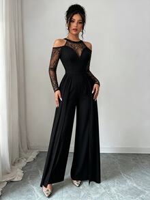 Modelyn 黑色對比蕾絲露肩連身褲附裙擺，萬聖節派對之夜秋季優雅款 - 黑色 - 查看 7
