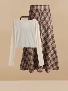 GlowEve CURVE Plus 1pc Colorblock 2 In 1 Tee & 1pc Plaid Print Skirt - Brown - View 2