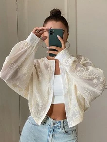 Livesso Tall Women's Round Neck Lace Loose Fit Vacation Style Cardigan - White - View 2