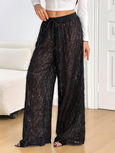 SHEIN Tall High Waist Wide Leg Sheer Mesh Sequin Fringe Pants