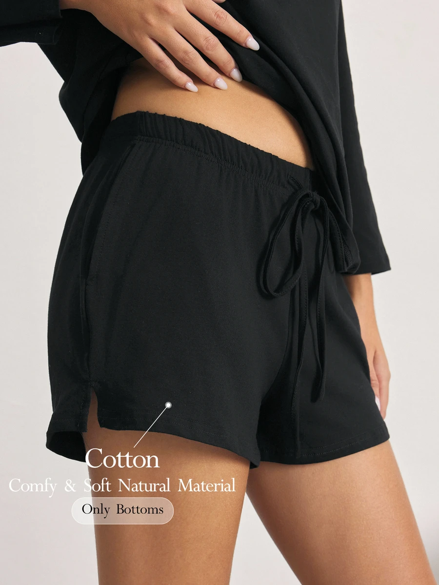 Ocili Drawstring Waist Split Hem Lounge Shorts - Black - View 1