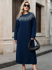Lacomfia Plus Size Sweater Dresses - Navy Blue - View 4