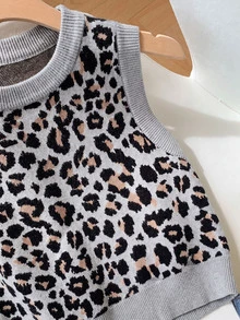Comfortcana Women Knit Tops Travel Grey Leopard Print Retro - Grey - View 6