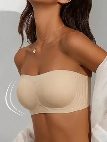 SHEIN 2pcs Women's Solid Color Seamless Jelly Glue Non-Removable Lining Bandeau Bra - Apricot - View 4