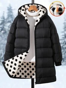 SHEIN 1件青少年女孩中長款長袖加厚外套，內裡抓絨，舒適保暖素色外套 - 黑色 - 查看 1