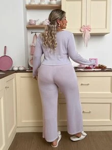Slumberry CURVE Plus Size Lace Patchwork Bow Decor Top & Pants Pajama Set - Dusty Purple - View 2