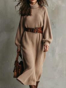 SHEIN Turtleneck Raglan Sleeve Sweater Dress Without Belt - Khaki - View 1