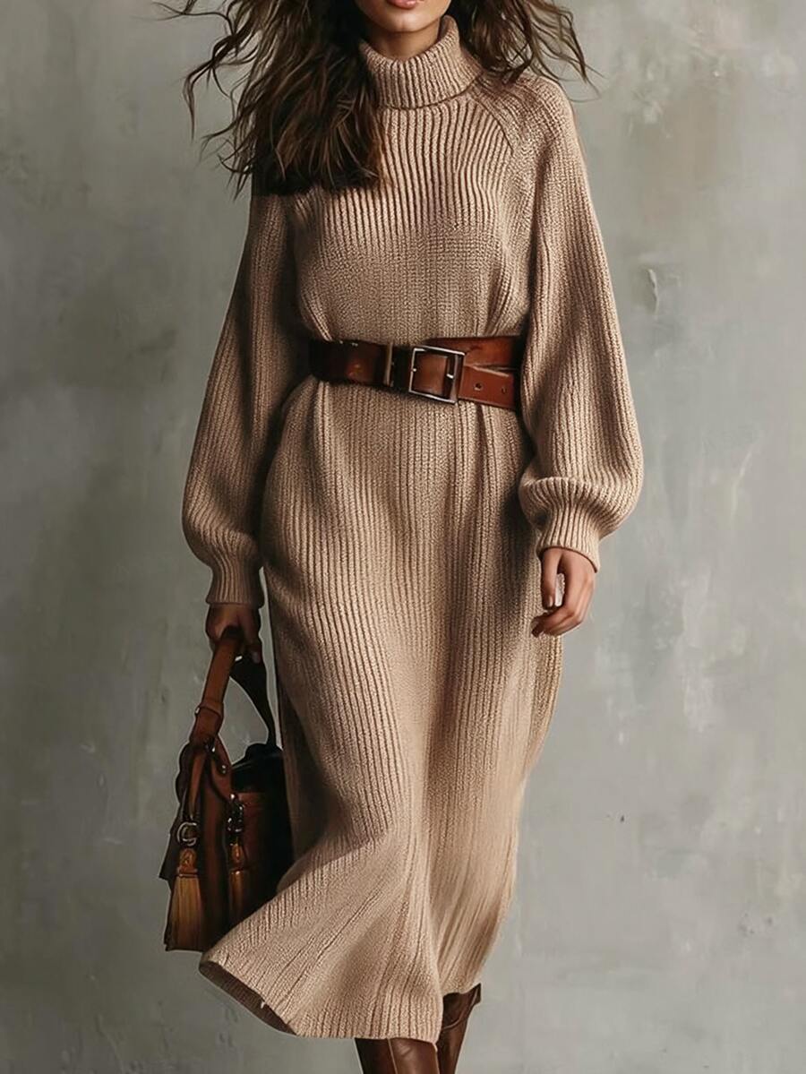 SHEIN Turtleneck Raglan Sleeve Sweater Dress Without Belt - Khaki - View 1