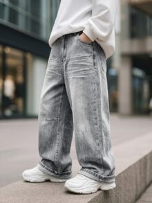 SHEIN 青少年男孩貓鬍鬚水洗直筒牛仔褲 - 灰色 - 查看 8