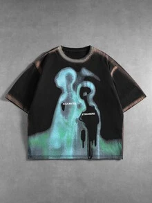 ROMWE MEN Street Life Men Letter Figure Graphic Washed Tee - Black - View 7