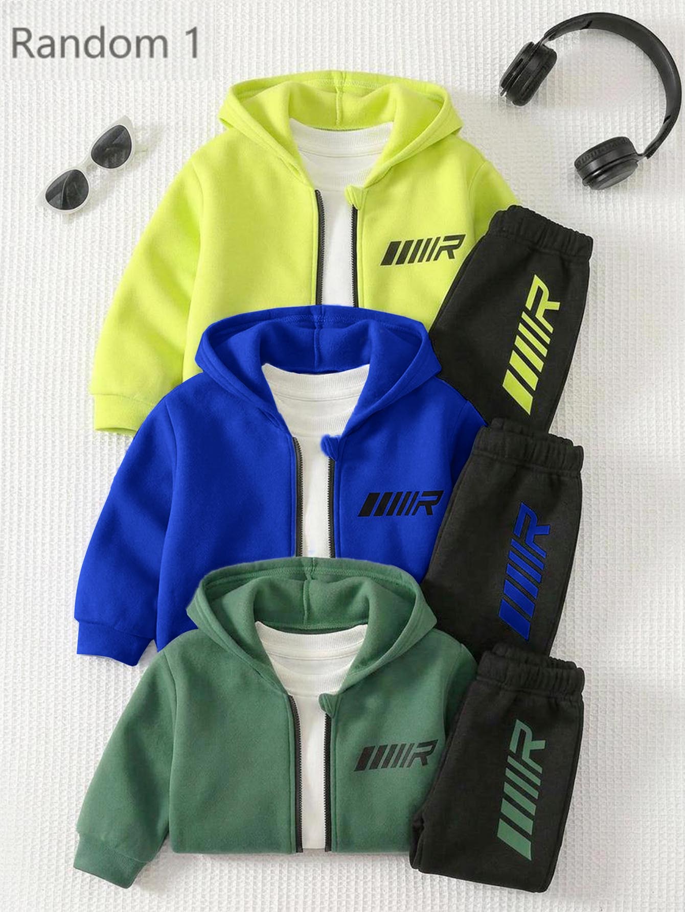 SHEIN 小男孩隨機 1件字母圖案拉鍊連帽外套 & 1件運動長褲 - 彩色 - 查看 1