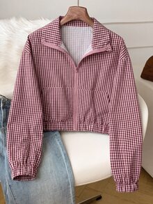 SHEIN 青少年女孩格紋印花落肩夾克 - 紅色 - 查看 5