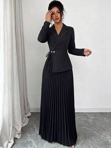 SHEIN Elenzya Lapel Neck Pleated Hem Dress - Apricot - View 3
