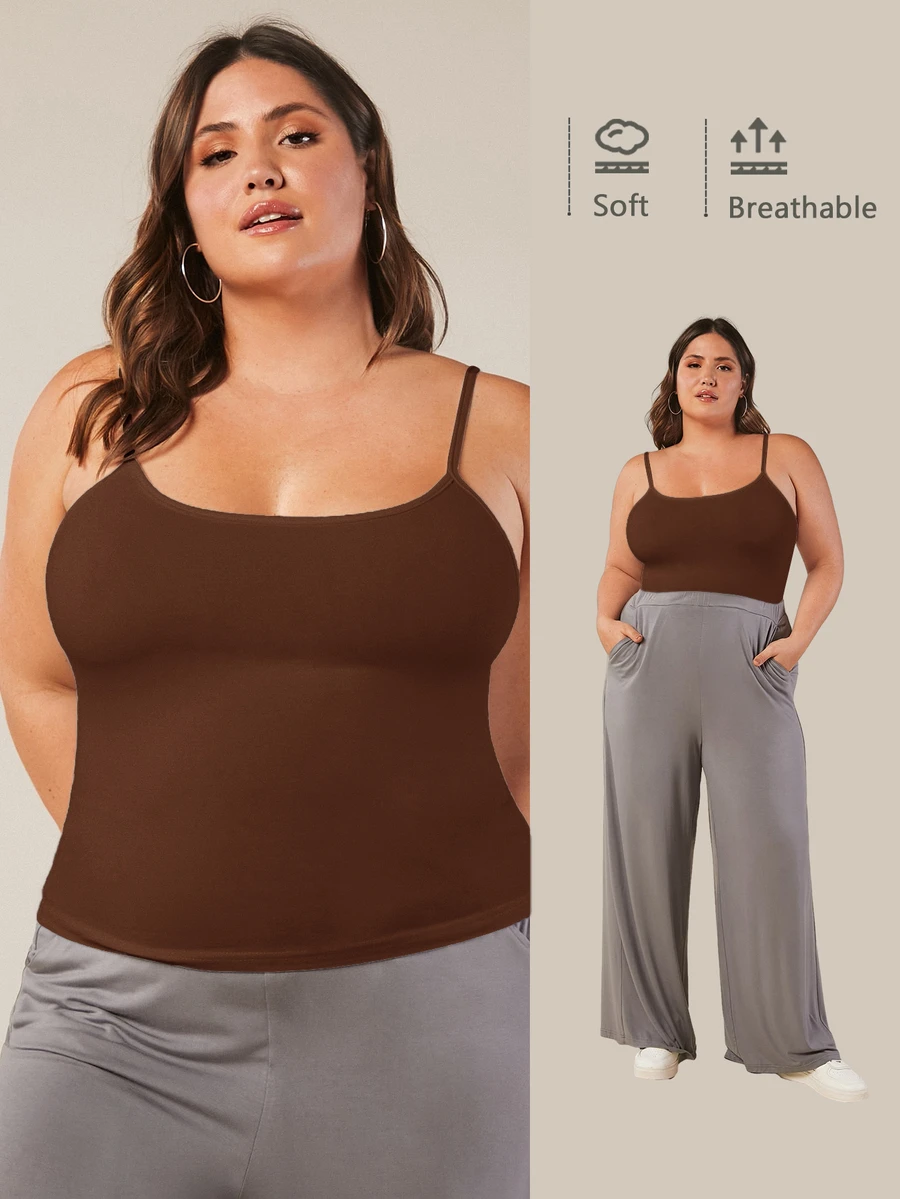 SHEIN BASICS Plus Solid Slim Fit Breathable Cami Top - Brown - View 1