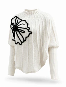 GlowEve Sweater Musim Gugur/Dingin Baru Eropa dan Amerika dengan Bordir Bunga Besar 3D, Pullover Leher Tinggi Lengan Panjang Rajut - Aprikot - View 3