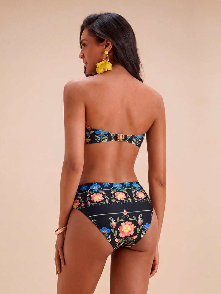 Travachic Floral Print Bandeau Bikini Swimsuit - Black - View 2