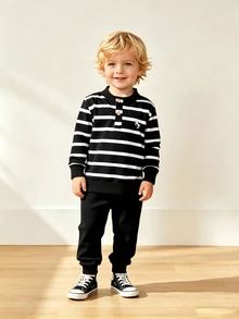 Boy's Spring Casual Striped Racing Style Black And White Color Scheme Sweatshirt And Pants Parent-Child Matching School Uniform - Black - View 3