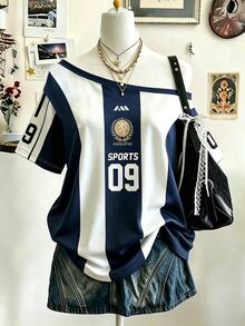 Lalippa 女款運動風條紋印花時尚不對稱單肩T恤 生日禮物 - 淺灰色 - 查看 3