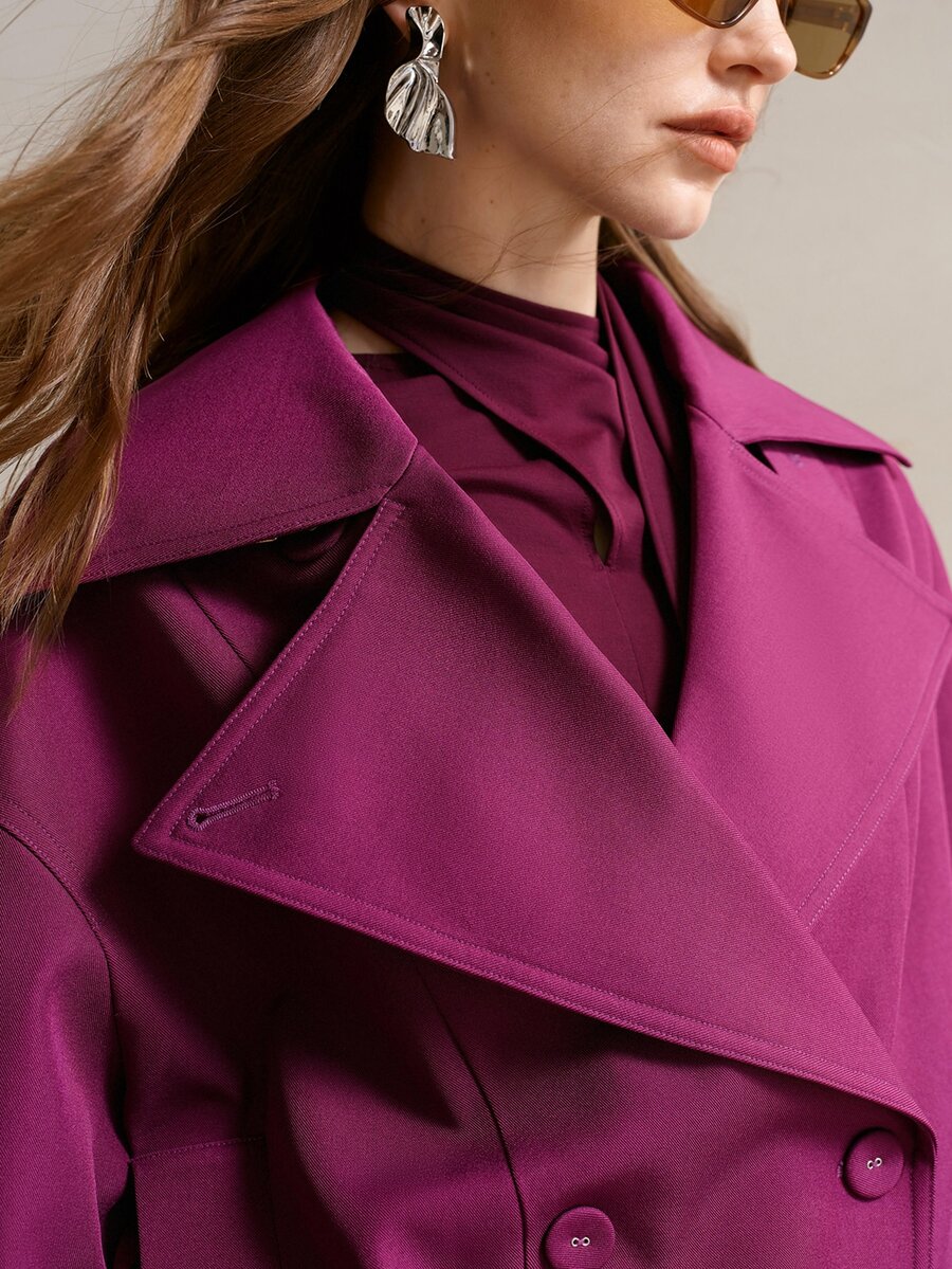 MOTF PREMIUM SOLID HIGH NECK DROP SHOULDER DOUBLE BREASTED PLACKET CROP COAT - Purple - View 2
