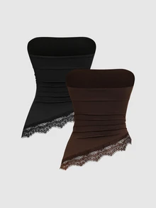 Sweetra 2pcs Lace Trim Ruched Tube Top - Multicolor - View 2