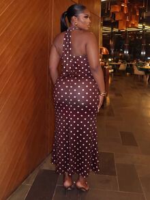 Slaydiva Plus Polka Dot Print Tie Neck Halter Dress - Brown - View 3