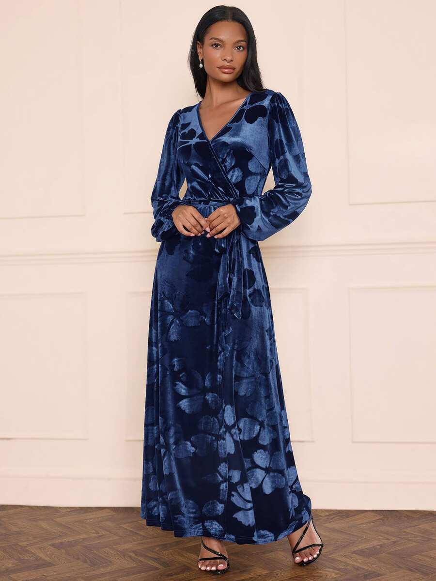 Lilora Floral Print Surplice Neck Belted Velvet Dress - Blue - View 1
