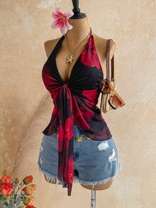 Soleia Plus Floral Print Tie Front Mesh Halter Top - Multicolor - View 5
